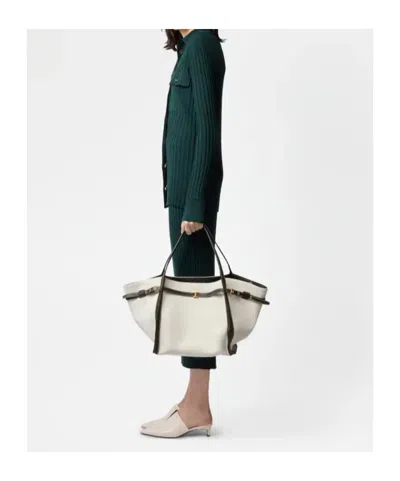 Tod's White Tote Bag With Front Leather Buckled Belt In Cotton Blend Woman