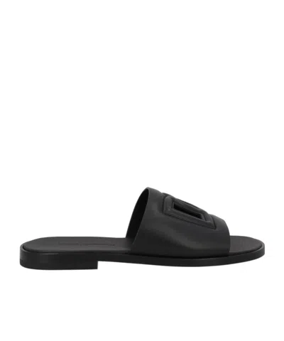 Dolce & Gabbana Black Sandals With Dg Logo Cut-out In Leather Man In Black
