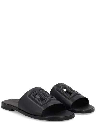 Dolce & Gabbana Black Sandals With Dg Logo Cut-out In Leather Man In Black