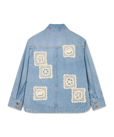 Alanui Light Blue Denim Overshirt With Crochet Lace Accents In Blue