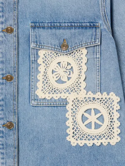 Alanui Light Blue Denim Overshirt With Crochet Lace Accents In Blue