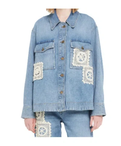 Alanui Light Blue Denim Overshirt With Crochet Lace Accents In Blue