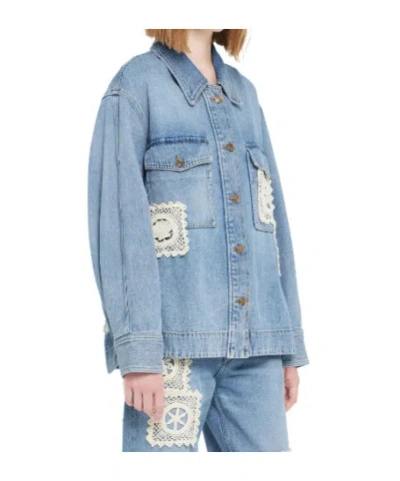 Alanui Light Blue Denim Overshirt With Crochet Lace Accents In Blue