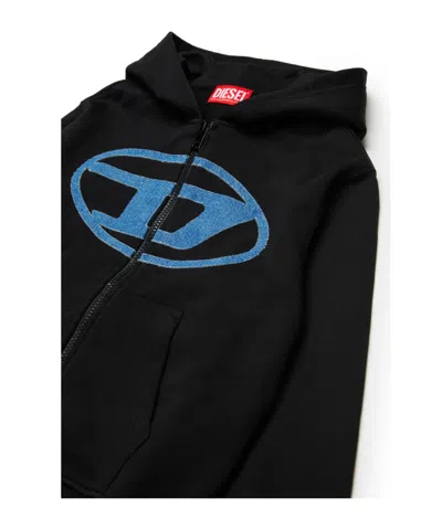 Diesel Kids Oval-d Logo Printed Zipped Hoodie In Black
