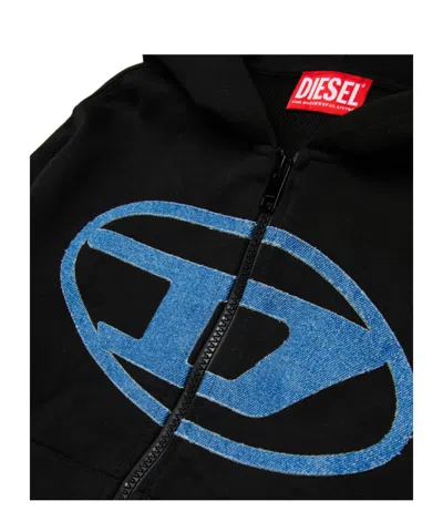 Diesel Kids Oval-d Logo Printed Zipped Hoodie In Black