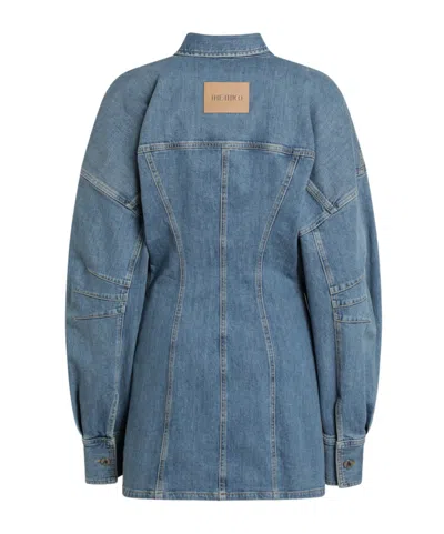 Attico Denim Mini Dress Front Pockets Long Sleeves In Blue