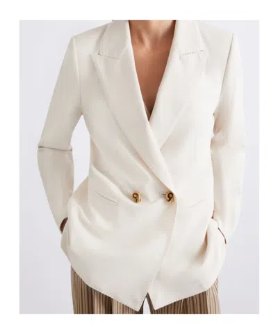 Marella Double-breasted Stretch Canvas Blazer In White