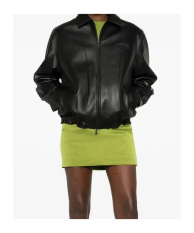 Prada Long-sleeved Leather Jacket In Black