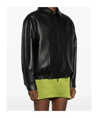 Prada Long-sleeved Leather Jacket In Black