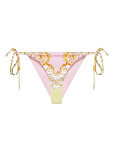 Versace Barocco Print String Bikini Bottoms In Pink