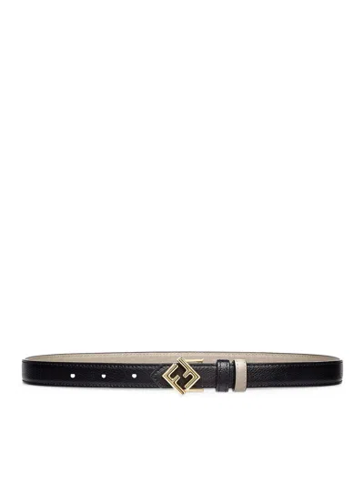 Fendi Women Ff Diamonds Reversible Belt In Black And Beige Leather In Black