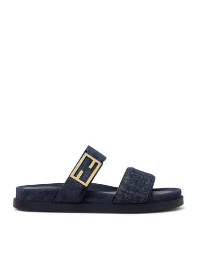 Fendi Double-band Embroidered Slides With Decorative Buckle In Multi