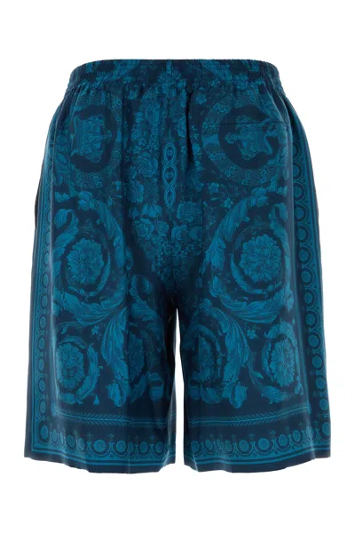 Versace Relaxed Baroque Patterned Silk-nylon Shorts In Blue