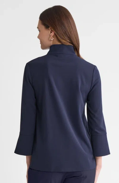 Ming Wang Stretch Deco Crepe Zip Front Pullover Blouse In Blue