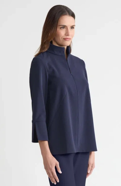 Ming Wang Stretch Deco Crepe Zip Front Pullover Blouse In Blue