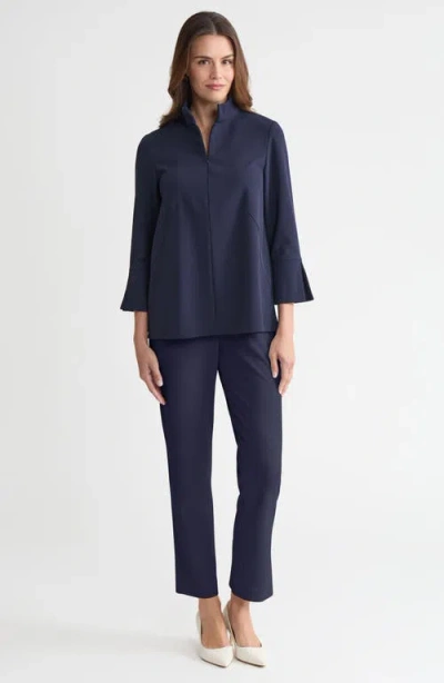 Ming Wang Stretch Deco Crepe Zip Front Pullover Blouse In Blue