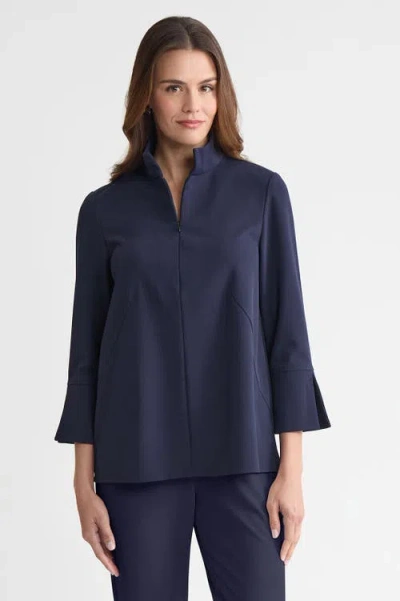 Ming Wang Stretch Deco Crepe Zip Front Pullover Blouse In Blue