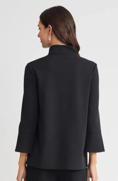 Ming Wang Stretch Deco Crepe Zip Front Pullover Blouse In Black