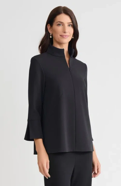 Ming Wang Stretch Deco Crepe Zip Front Pullover Blouse In Black