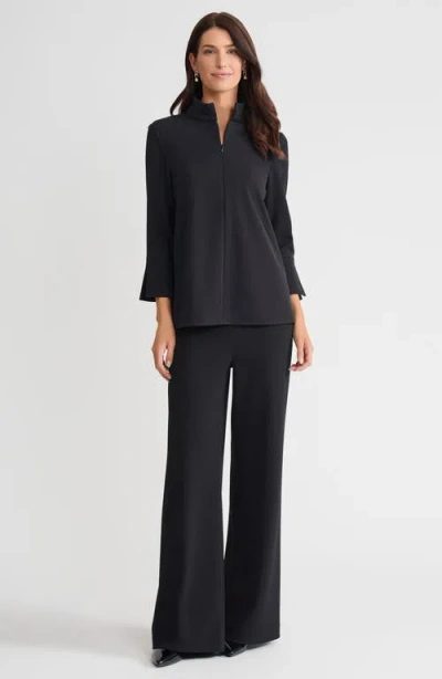 Ming Wang Stretch Deco Crepe Zip Front Pullover Blouse In Black