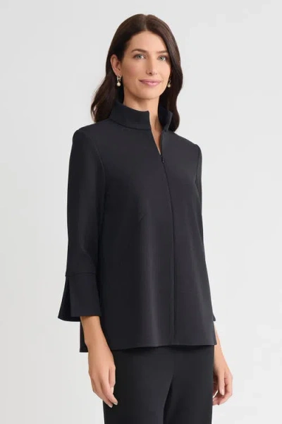 Ming Wang Stretch Deco Crepe Zip Front Pullover Blouse In Black