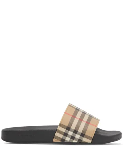 Burberry Brown Slides Sandals With Vintage Check Motif In Polyurethane In Multi