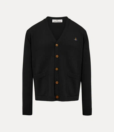 Vivienne Westwood Black V Neck Cardigan With Orb Embroidery In Cotton And Cashmere