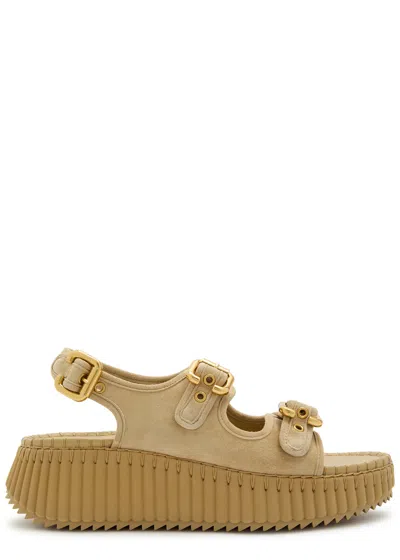 Chloé Chloe Nama Whipstitched Suede Wedge Sandals In Nude