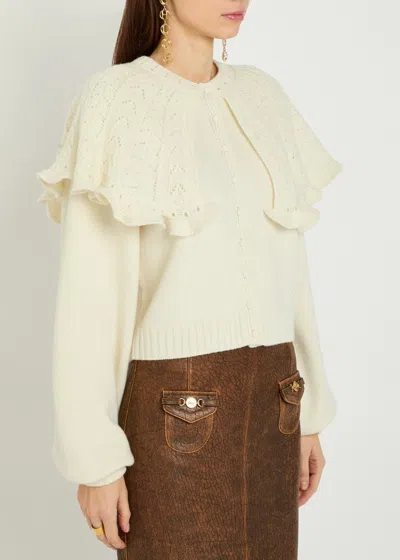 Chloé Cropped Ruffled Pointelle-knit Wool And Cashmere-blend Cardigan In White