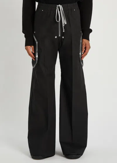 Rick Owens Heizer Belas Wide-leg Cotton-blend Poplin Drawstring Cargo Trousers In Black