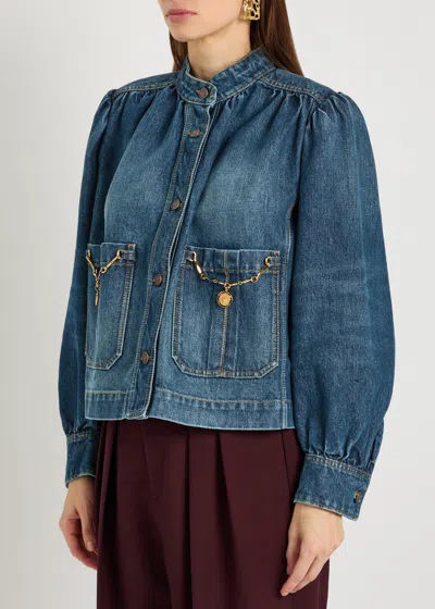Chloé Blue Jacket With High Neck And Chain Detail On The Front In Denim Woman