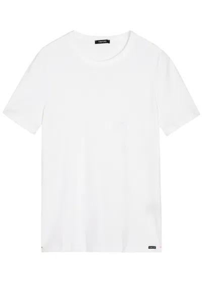 Tom Ford White Crewneck T-shirt With Logo Embroidery On The Front And Perforated Design In Cotton Man In White