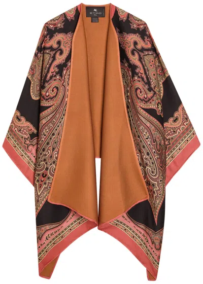 Etro Patterned-jacquard Wool-blend Cape In Brown