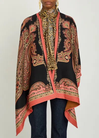 Etro Patterned-jacquard Wool-blend Cape In Brown