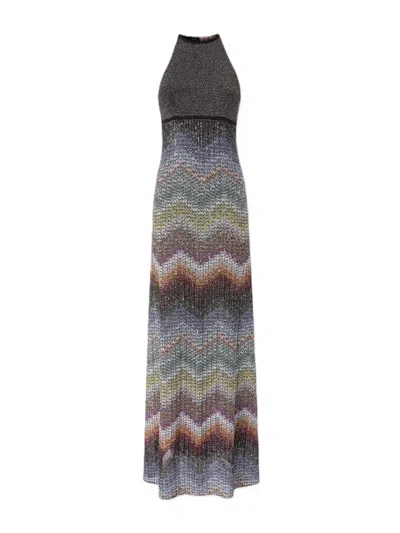 Missoni Long Halter-neck Dress In A Greek-style Zigzag Knit With Sequins Clothing In Multi