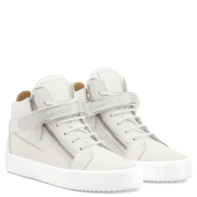 Shop Giuseppe Zanotti - White Calfskin Mid-top Sneaker With Crystals Dolly