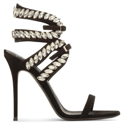 Shop Giuseppe Zanotti - Black Suede Sandal With Crystals Claudia