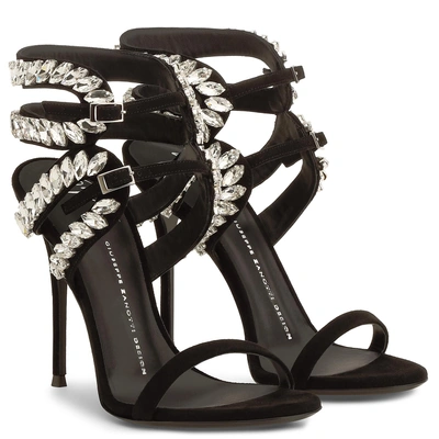 Shop Giuseppe Zanotti - Black Suede Sandal With Crystals Claudia