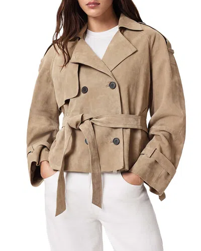 Allsaints Reed Short Belted Suede Trench Coat In Brown