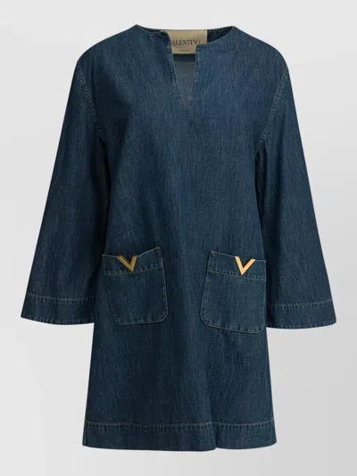 Valentino Vlogo Signature Mini Dress With V-neck And Pockets In Blue