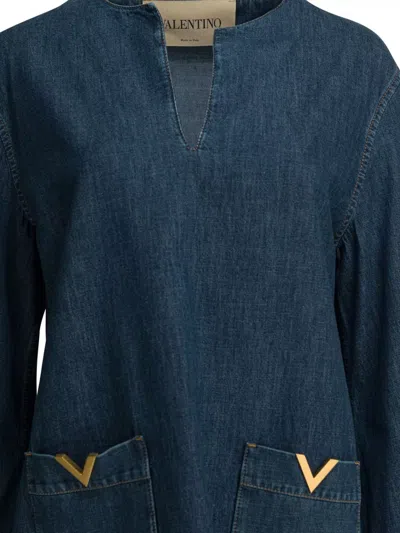 Valentino Vlogo Signature Mini Dress With V-neck And Pockets In Blue