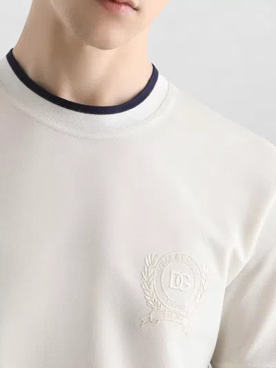 Dolce & Gabbana White Technical Piqué Cotton Tshirt With Embroidery In Neutral