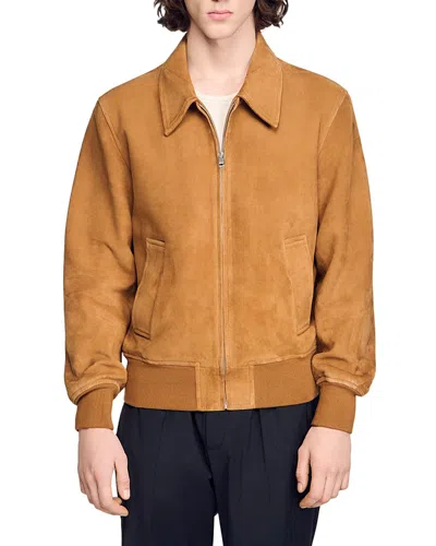 Sandro Thomas Suede Leather Jacket In Brown