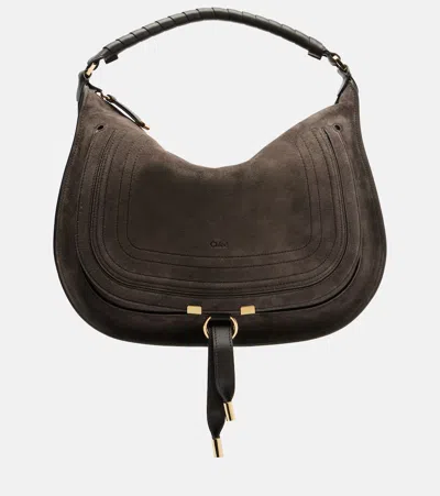 Chloé Marcie Medium Black Shoulder Bag With Logo Lettering On The Front In Suede Woman In Brown