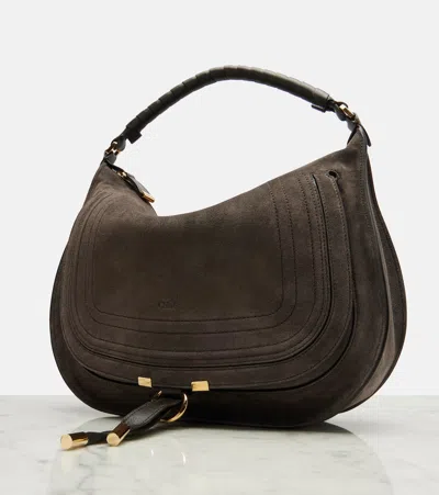 Chloé Marcie Medium Black Shoulder Bag With Logo Lettering On The Front In Suede Woman In Brown