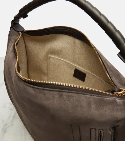 Chloé Marcie Medium Black Shoulder Bag With Logo Lettering On The Front In Suede Woman In Brown