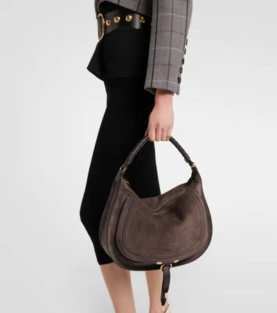 Chloé Marcie Medium Black Shoulder Bag With Logo Lettering On The Front In Suede Woman In Brown