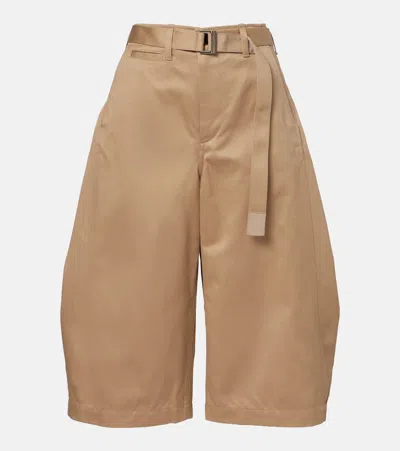 Sacai Womens Beige Wide-leg Belted Cotton Chino Shorts In Brown