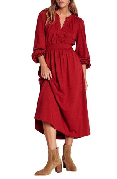Boden Maddie Picot Trim Long Sleeve Cotton Blend Midi Dress In Red