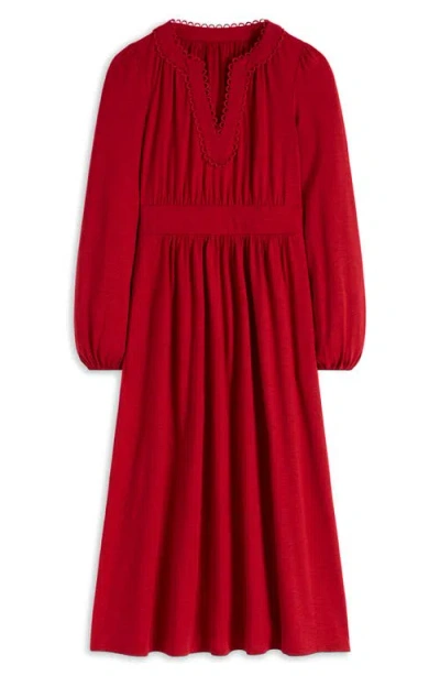 Boden Maddie Picot Trim Long Sleeve Cotton Blend Midi Dress In Red